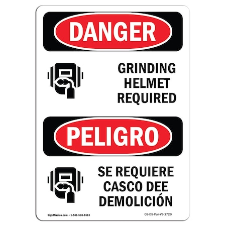 Signmission OSHA Sign, Grinding Helmet Required Bilingual, 10in X 7in Rigid Plastic, 7" W, 10" H, Spanish OS-DS-P-710-VS-1729